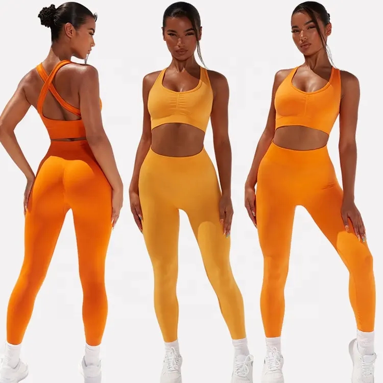 Gym Fitness Wear Ribbed Seamless High Waist Yoga Leggings 2 Piece Sets Workout Outfits for Women