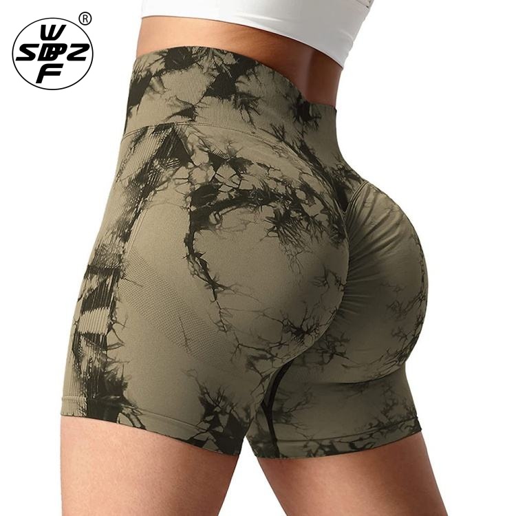 Adult Sports Fitness Workout Scrunch Butt Tie Dye Plaid Biker Leggings Custom Seamless Yoga Shorts