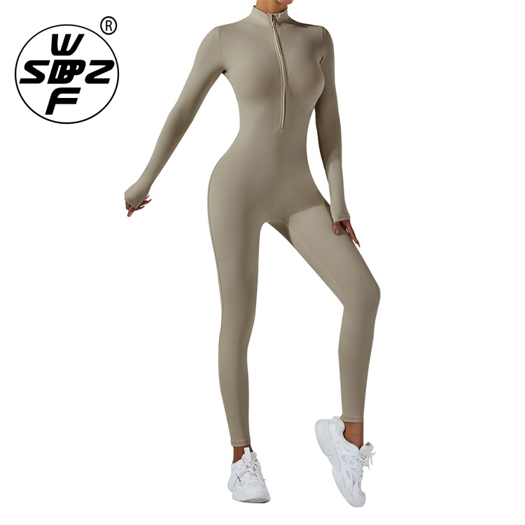 Seamless Long Sleeve Fitness Bodysuit With Zipper Custom Women One Piece Jumpsuit